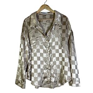 Tracies Satin Checkered Long Sleeve Button Up Shirt Top Women's XL